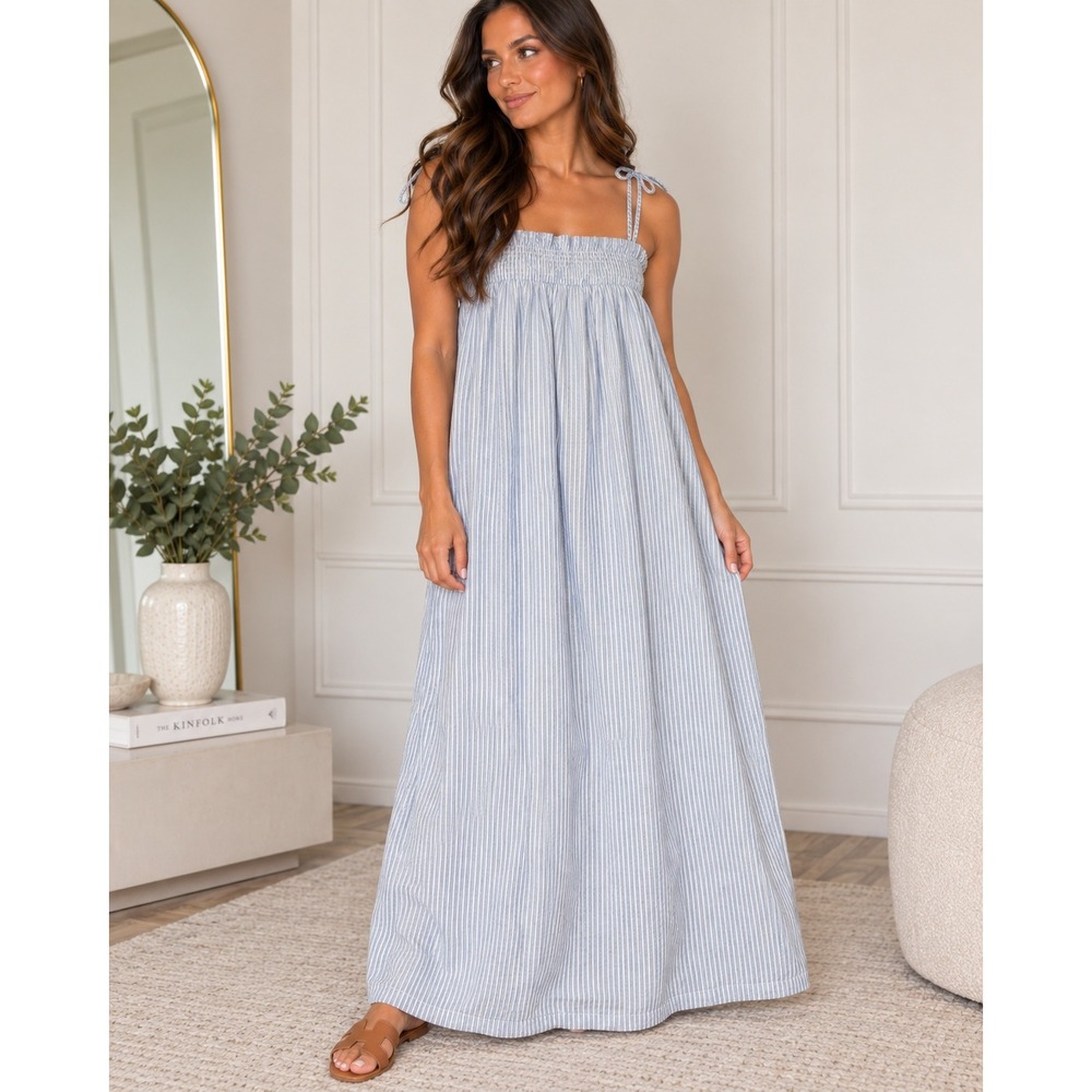 J.Crew Womens Blue White Striped Smocked Cotton Maxi Dress Size M 13198